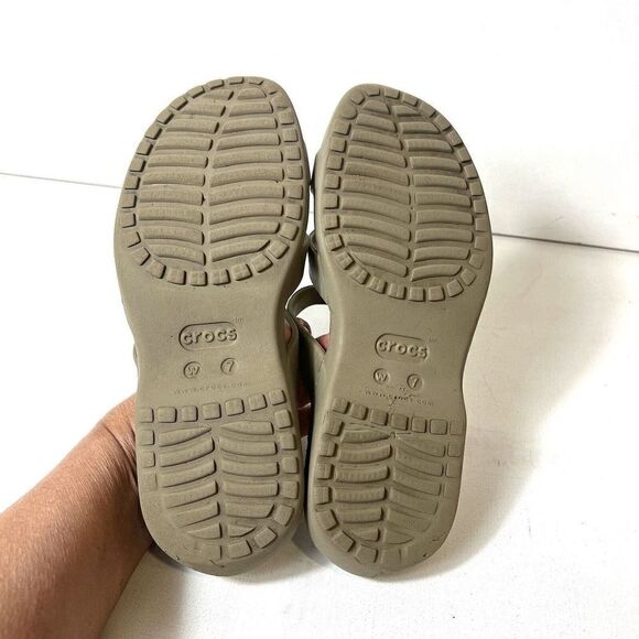 Crocs Sandals Women's 7 Brown Summer Strappy Slides Comfort Casual Slip On Flats - Picture 11 of 11